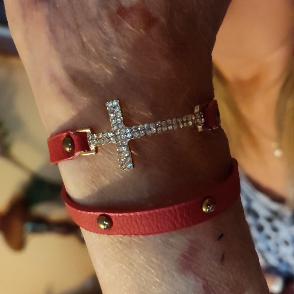 Red leather Wrap around Cross Bracelet